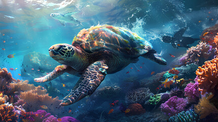 Fototapeta premium turtles swimming in shallow seas
