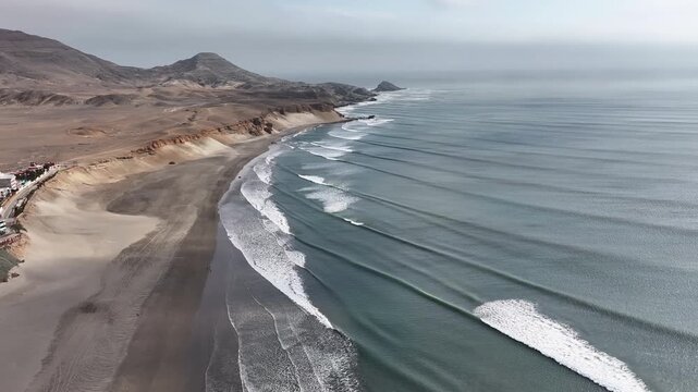 Aerial Shot Famous Chicama's Waves Low Flight Sunny Hazy Ocean Pacific Puerto Malabrigo Peru