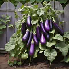 Purple eggplant growing on a plant in a field summer harvest agriculture vegetable
