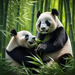 Panda cuddling her cub Wildlife Conservation Awareness Endangered Species  with green forest background

