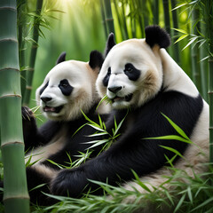 Two panda bears are hugging each other and one has a black eye green forest background
