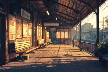 A nostalgic old train station with faded posters and wooden benches. The gentle light adds to the cozy atmosphere, cozy vibe, Generative AI