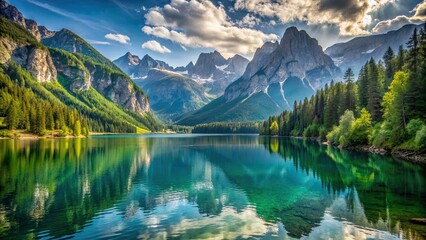 Fototapeta premium Beautiful lake nestled among the towering mountains in a picturesque gorge , serene, tranquil, reflection, mountain