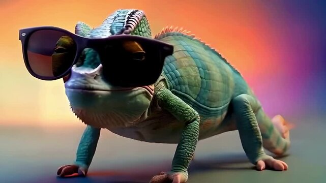 Chameleon wearing sunglasses on a solid color background, vector art, digital art, faceted, minimal, abstract, panorama background.
