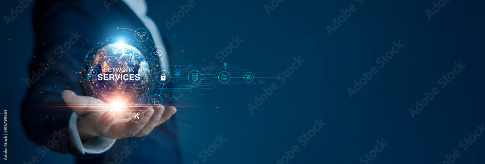 Poster Networking services, Cloud computing, Blockchain, Server, Backup Storage Data Internet, Cyber security, Digital technology and connected, Social networking service, Streaming video on global network