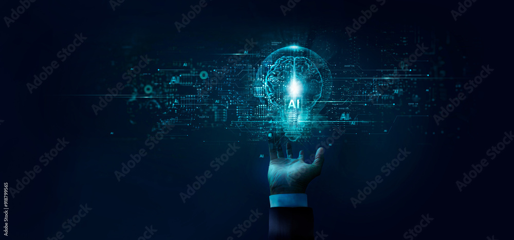Aufkleber ai, machine learning, businessman touch big data network, brain data creative of ai in light bulb, a