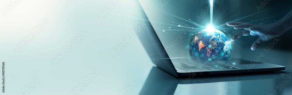 Poster Digital technology, Speed of internet network connection, big data, Communication technology for internet business. Global network telecommunication, IoT, Hand touch a global network on laptop.