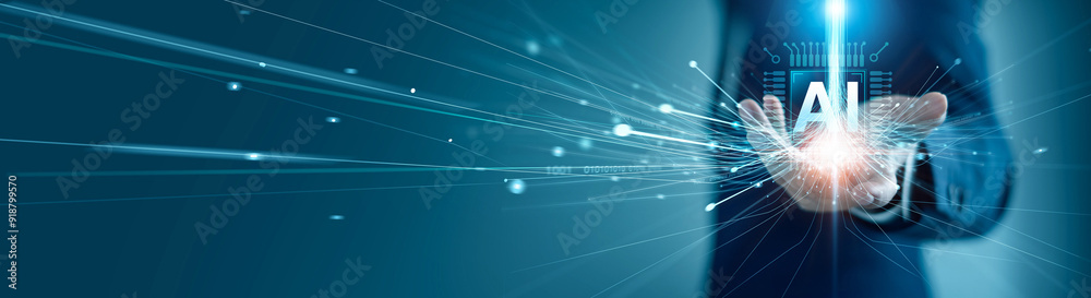 Aufkleber Ai technology, Machine learning, Ai data networking, Businessman hold Ai speed network connection, Data exchange, Deep learning, Innovative new era, Business and artificial intelligence technology.