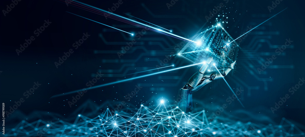 Aufkleber Blockchain technology concept, AI, Hand of robot hold a abstract blockchain global networking, Data network connect of ai, Internet security binary coded. Encrypted block and crypto chain.