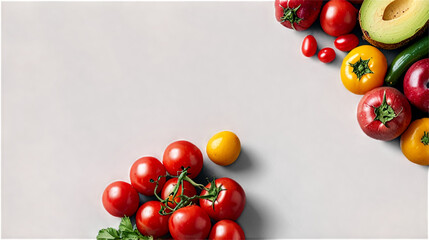 Healthy food vegetarian food background. Frame of fresh vegetables and fruits on white background top view