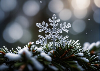 Macro photography of a snowflake with fir branches. Christmas winter background