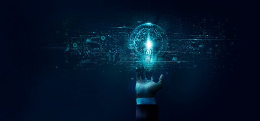 AI, Machine learning, businessman touch big data network, Brain data creative of Ai in light bulb,...