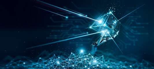 Blockchain technology concept, AI, Hand of robot hold a abstract blockchain global networking, Data network connect of ai, Internet security binary coded. Encrypted block and crypto chain.