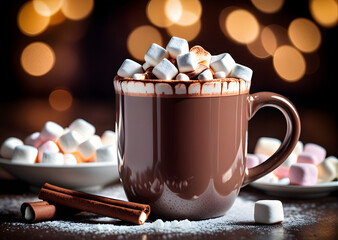Cup of hot chocolate with cinnamon sticks and spices