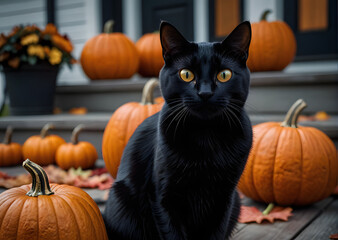 Black Cat Surrounded by Autumn Pumpkins in Halloween season