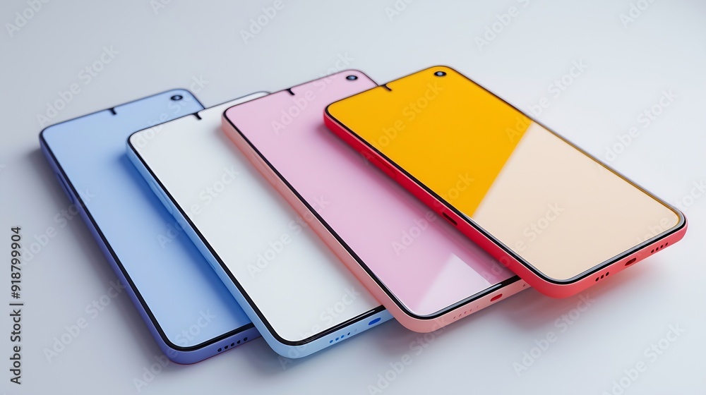 Poster flat rays collection of smartphone mockup blank screen isolated with clipping path on white background : Generative AI