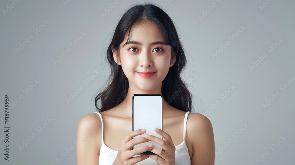 Poster beautiful asian young woman showing big smart phone with blank screen white screen empty copy space 