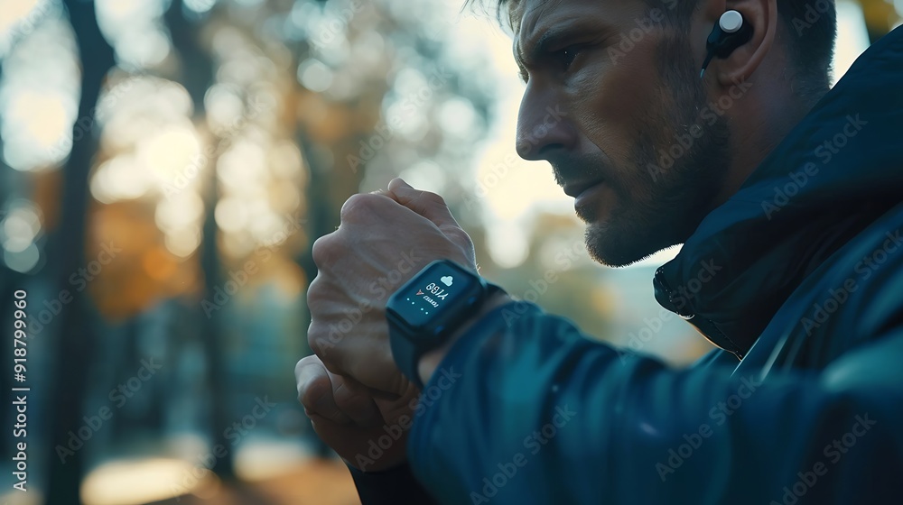 Poster Mid adult man using smart watch during training Heart monitor beats with wristwatch smart watch or future data on healthcare technology in use of smart watch for health condition : Generative AI