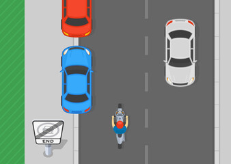 Safe driving tips and traffic regulation rules. "End of no parking on the verge or footway" road sign. Top view of a cars partially parked on footway. Flat vector illustration template.