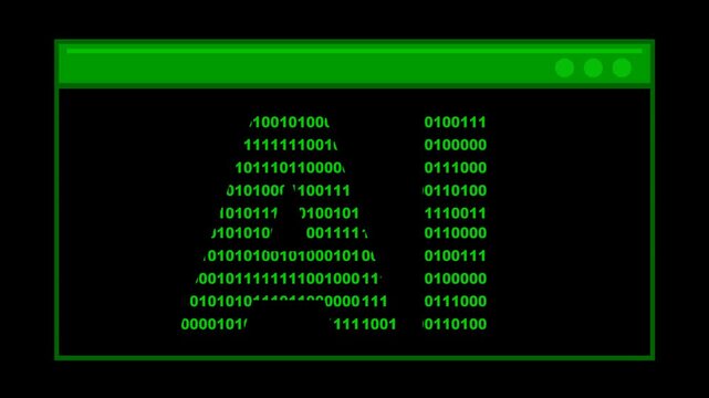 video animation terminal cmd prompt with the text AI designed with the numbers 0 and 1 of binary code system, on a transparent background with alpha channel set to zero