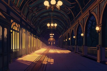 A quaint old train station with wooden archways. Dim light from old chandeliers gives a warm feel, cozy vibe, Generative AI