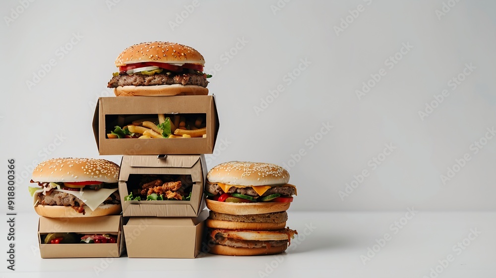 Poster Stack of fast food Boxes on white Background : Generative AI