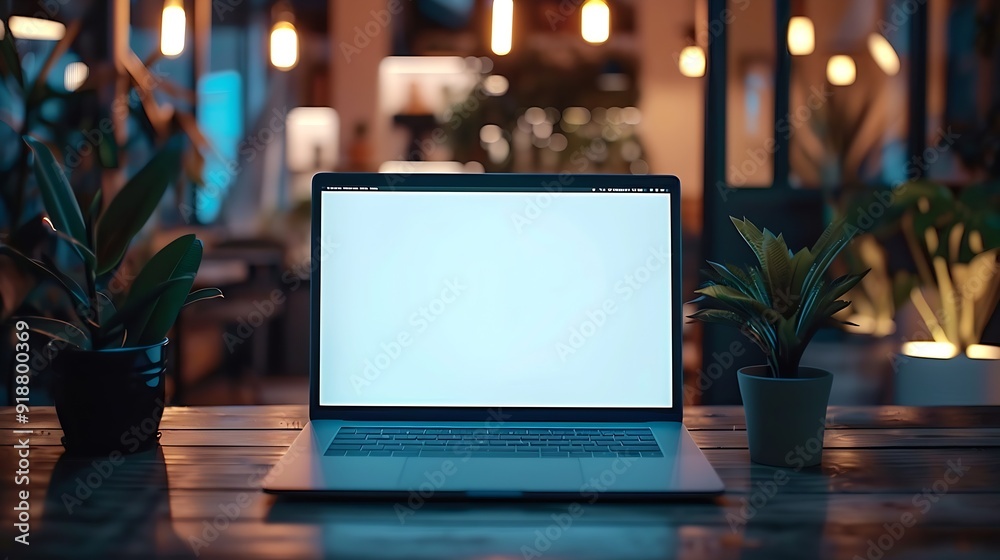 Poster laptop computer blank screen on table : Generative AI