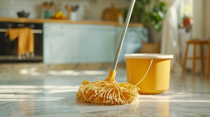 Caucasian smiling young woman cleaning kitchen floor with wet mop at home copy space unaltered hygiene bucket and lifestyle concept : Generative AI