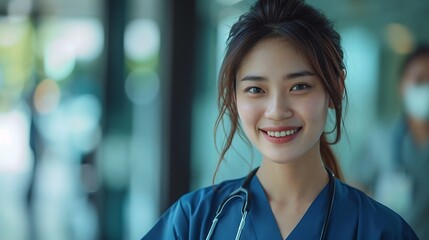 Obraz premium Beautiful Asian female doctor with a stethoscope smile looking at camera cross armNurses wear scrub smile with heartwarming comfortablePositive emotional and good momentHealth Care Con : Generative AI