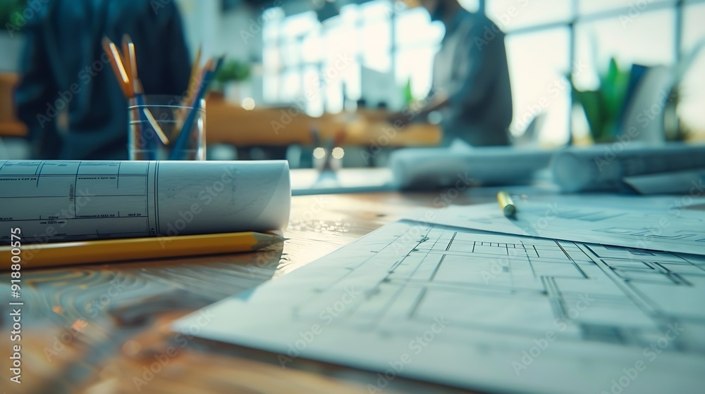 Aufkleber Brainstorming group of architects and engineers discuss building blueprint design paperwork and drawing construction project planning on wooden table in office Construction project bud : Generative AI