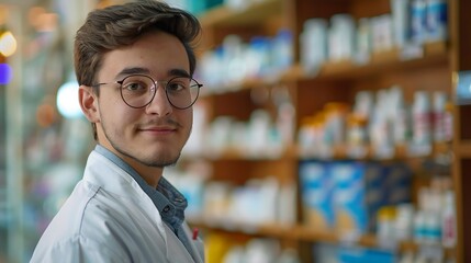 Fototapeta premium A young pharmacy intern doing inventory at the pharmacy shop as a part of their internship He wears glasses and a white pharmacy coat He is in front of a counter Blurry background with : Generative AI