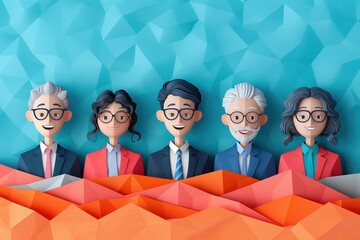 Multigenerational diverse team illustration with geometric background