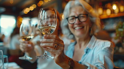 Senior women friends and toast in restaurant for wine vacation and retirement together with happy Elderly people reunion and cheers in diner for drinks holiday and social celebration w : Generative AI