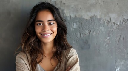 Fototapeta premium Portrait of a young latin woman with pleasant smile and crossed arms isolated on grey wall with copy space Beautiful girl with folded arms looking at camera against grey wall Cheerful : Generative AI