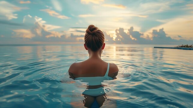 Happy woman in white swimsuit swimming in infinity pool at luxury hotel against ocean front young female enjoy in tropical resort Relaxing summer  travel holiday vacation and weekend c : Generative AI