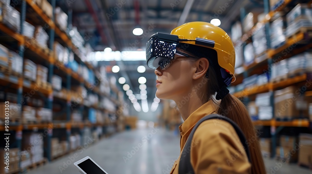 Poster industry 40 modern warehouse female engineer in empty warehouse uses digital tablet computer with au
