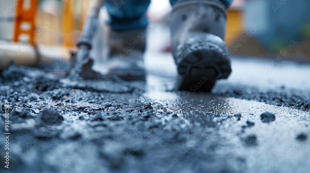 Poster Man working on smoothing concrete driveway for the new home build at construction site Architecture and exterior structure base progress safety foundation pavement ground Real estate i : Generative AI
