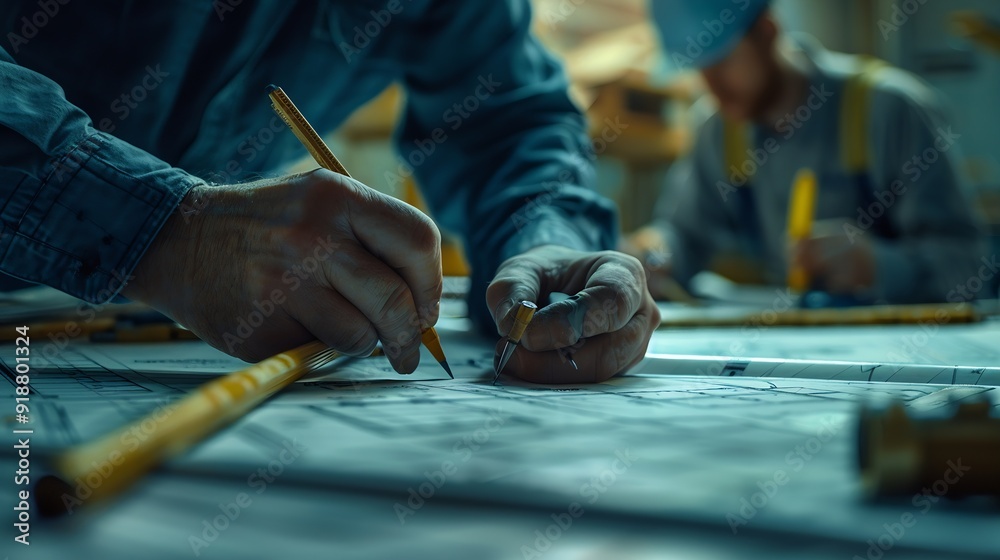 Poster civil and construction engineers are working on a blueprint drawing with precision to guarantee a fl