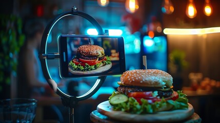 Social media influencer smartphone and ring light for new fast food restaurant test for internet web and followers Creative online communication with digital mobile tech for startup vi : Generative AI