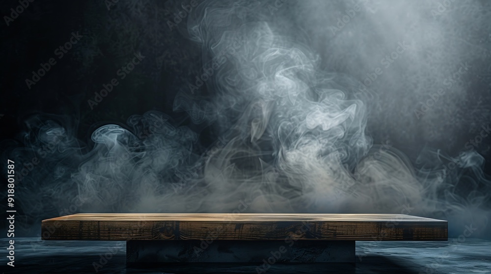 Aufkleber On a black background an empty wooden table with smoke floats up Empty space for displaying your products with a smoke float up on a dark background Space available for displaying your : Generative AI
