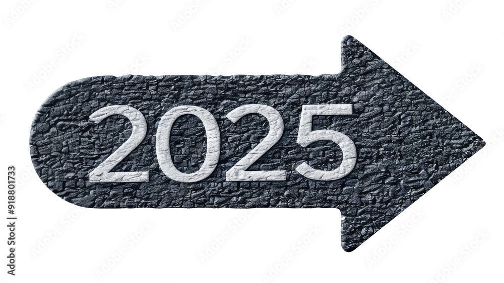 Wall mural Asphalt road shaped as arrow with number of new year 2025, isolated on transparent background