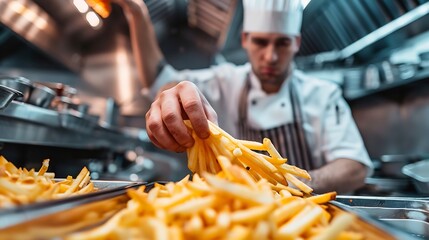 chef preparing french fries in restaurant kitchen : Generative AI