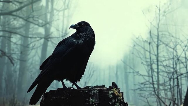 Raven silhouette with eerie forest