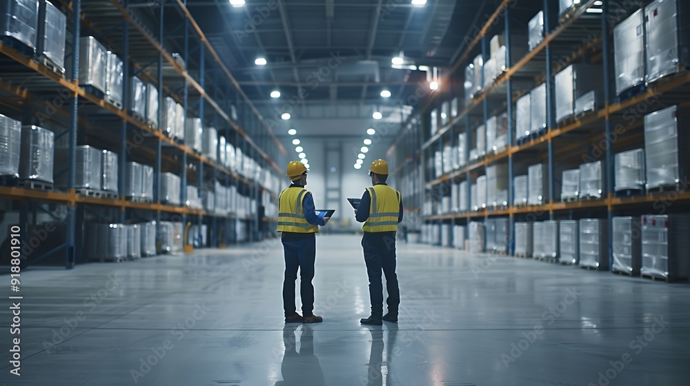 Poster Industry 40 Modern Factory Two Engineers in Empty Warehouse Use Digital Tablet Computer with Augmented Reality Software For a Room Mapping Doing 3D Factory Floor Layout High Angle Shot : Generative AI