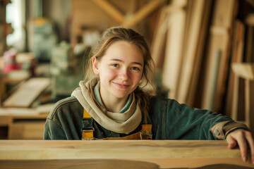 young woman in a carpentry. Concept for Equal rights, opportunities and enthusiasm of young people for craft trades.