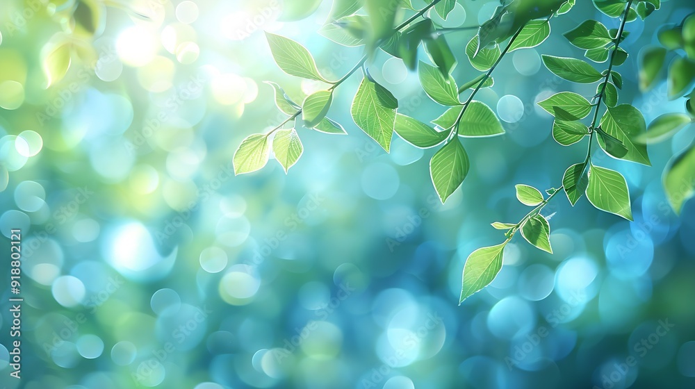 Aufkleber summer background of blue and green blurred foilage and sky with bright bokeh blurry abstract summer