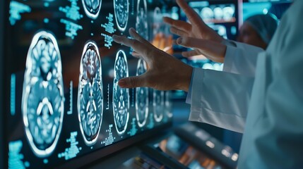 Hospital Medical Research Center Focus On Hand Gestures Of Diverse Colleagues Gathered Around Interactive Touch Screen Table With MRI Scans Of Brain On Display Doctors Looking For Alzh : Generative AI