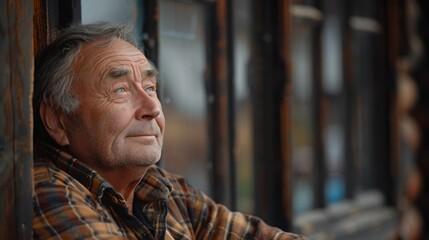 Fototapeta premium Happy thoughtful older 70s man looking out of window away with hope thinking of good health retirement insurance benefits dreaming of future Elderly pensioner waiting meeting with fami : Generative AI