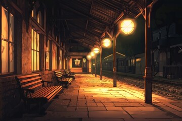 An old train station with a vintage departure board. Soft, warm light gives a cozy and reflective atmosphere, cozy vibe, Generative AI
