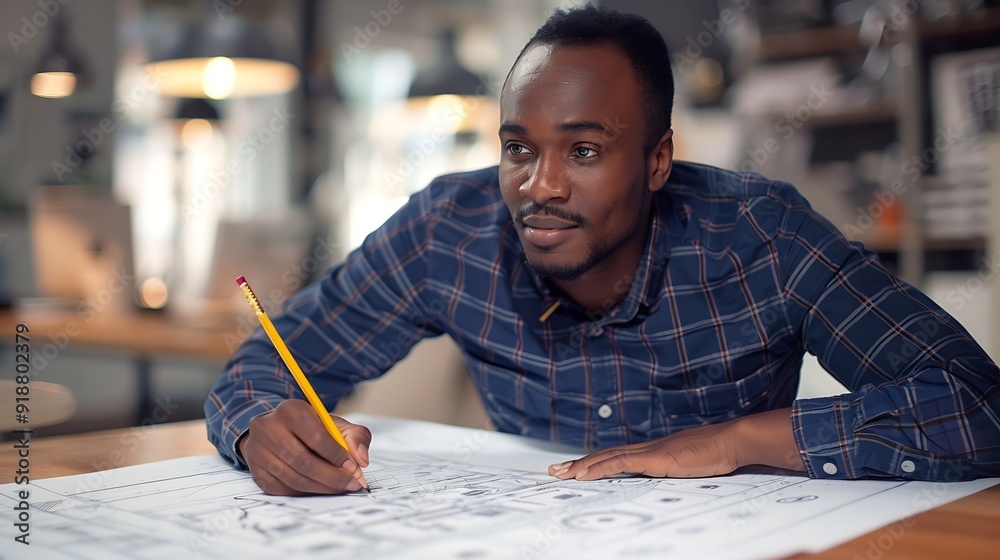 Poster Black man office and drawing on blueprint with pencil for planning a building design layout and project as architect Table construction and engineering person with idea for property re : Generative AI